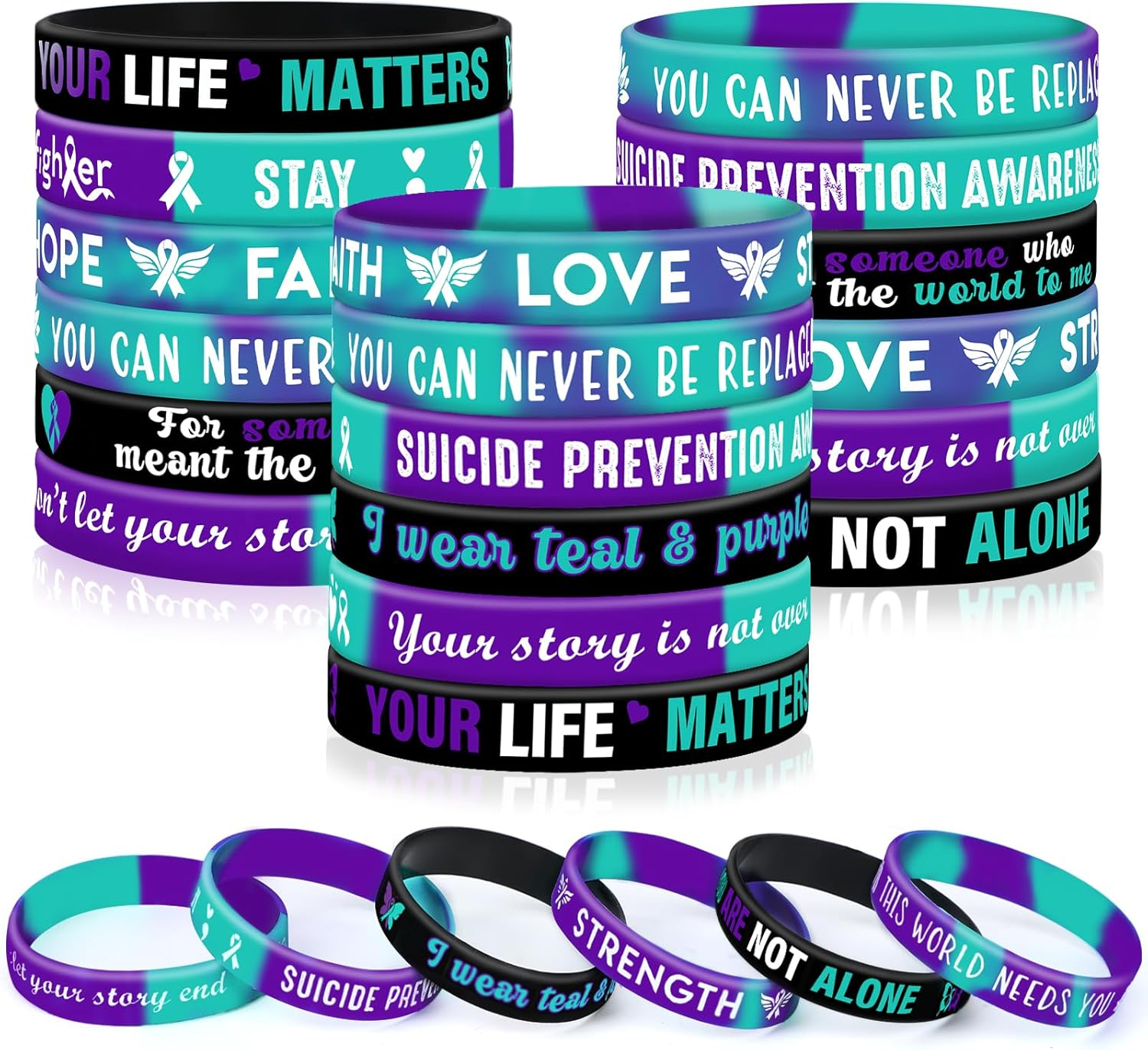 JUNEBRUSHS Suicide Prevention Awareness Purple Teal Ribbon Silicone Bracelets