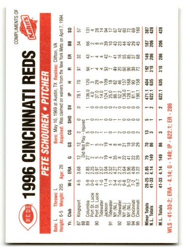 1996 Kahn's Cincinnati Reds #NNO Pete Schourek - Picture 2 of 2