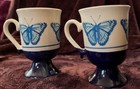 two Footed BUTTERFLY Cups VINTAGE Ceramic  Blue White  Mug retro