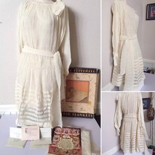 ART DECO 1920's ANTIQUE CREAM FRENCH COTTON LIGHT SHEER FLAPPER DRESS WEDDING