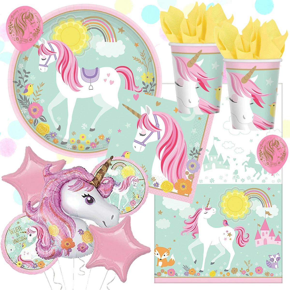FESTA INSIEME UNICORNO - Set Da 36 Pezzi Per Festa A Tema Unicorno: Piatti, Bicchieri E Tovaglioli Per 8 Bambini