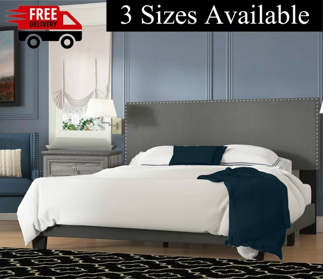 Cama Tapizada de Madera Moderna Tamano Full Queen King Gris Plataforma