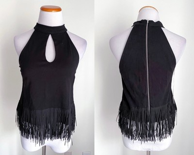 NWT! Stella Luce Black Fringe Halter Festival Top, Keyhole Front, Zipper Back, M