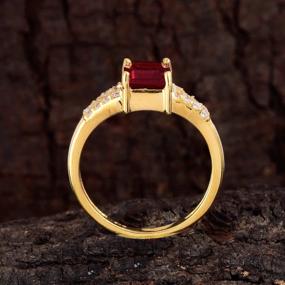 Emerald Cut Mexican Fire Opal Ring in 14K Yellow Gold Plated Sterling Silver - Image 4 of 4