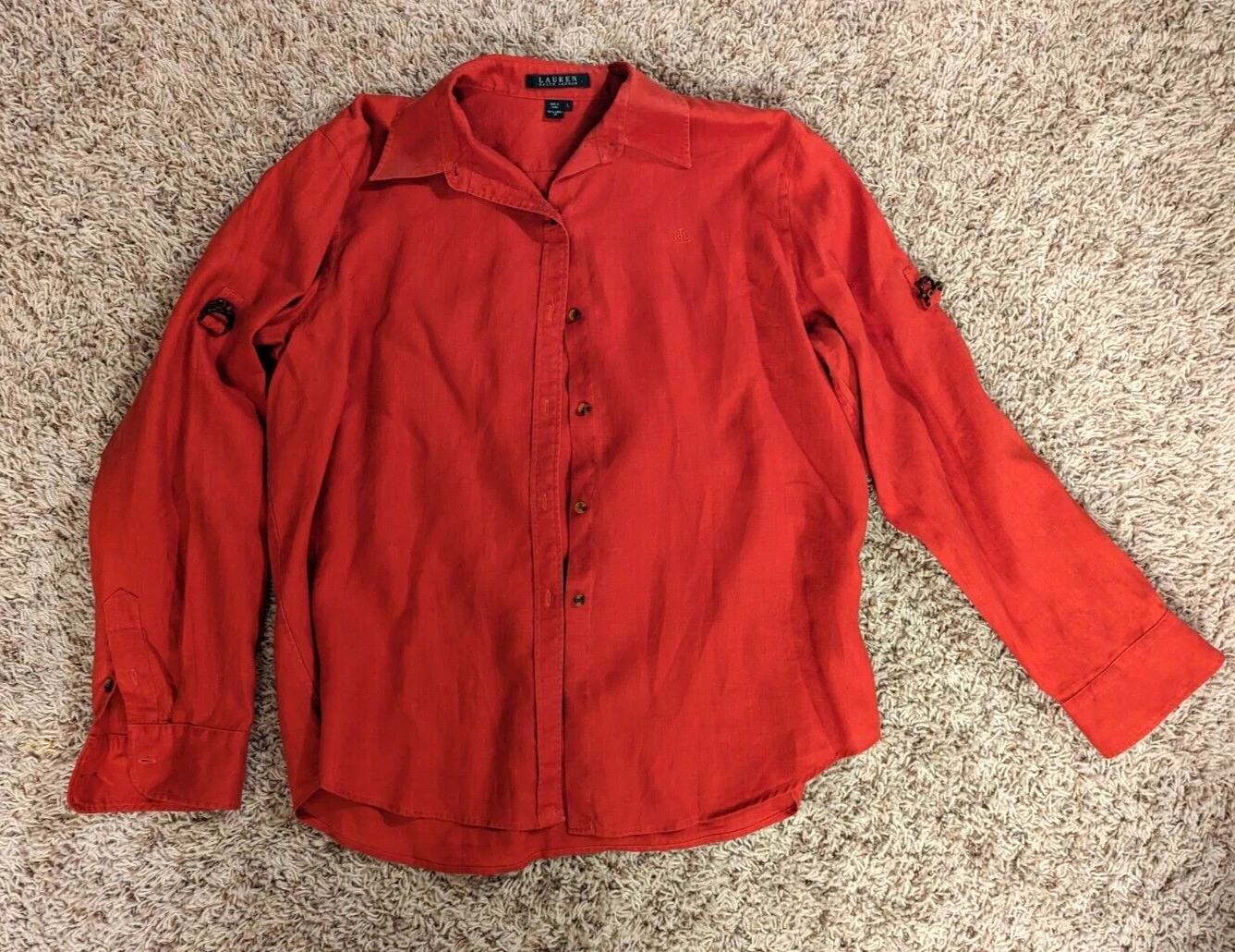 Red polo ralph lauren mens L button up shirt w/ arm accents