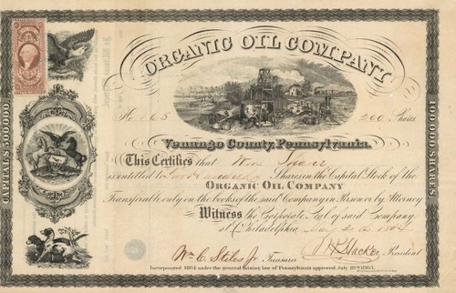 Organic Oil Co. - Certificat boursier daté de 1864 - Stocks pétroliers et obligations
