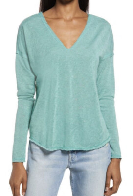NWT TREASURE & BOND Double V-neck Long Sleeve Top In Green Deep Sea Size S