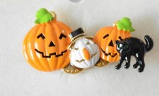 Halloween Pumpkin  Ghost w Black Cat Pin / Brooch in Gold-tone