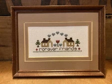 Completed Framed Cross Stitch Primitive Saltbox House Forever Friends