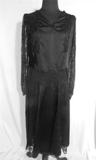 VERY RARE ANTIQUE FRENCH EDWARDIAN BLACK SILK SATIN SILK LACE DRESS SIZE 14-16