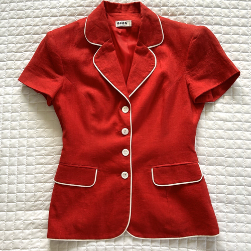 BCBG Paris Red Linen Short Sleeve Jacket Top Lined USA Preppy Chic VTG XS/S - Picture 3 of 16