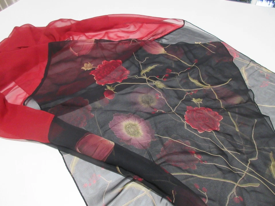 Bufanda grande ECHO 76"x20" vintage 100 % seda gasa roja/negra floral cuello envolvente Foto 2 de 4