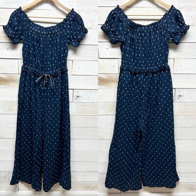 Anthropologie Jumpsuit Womens XS Navy Blue Wide Leg Findley Off Shoulder Ruffle