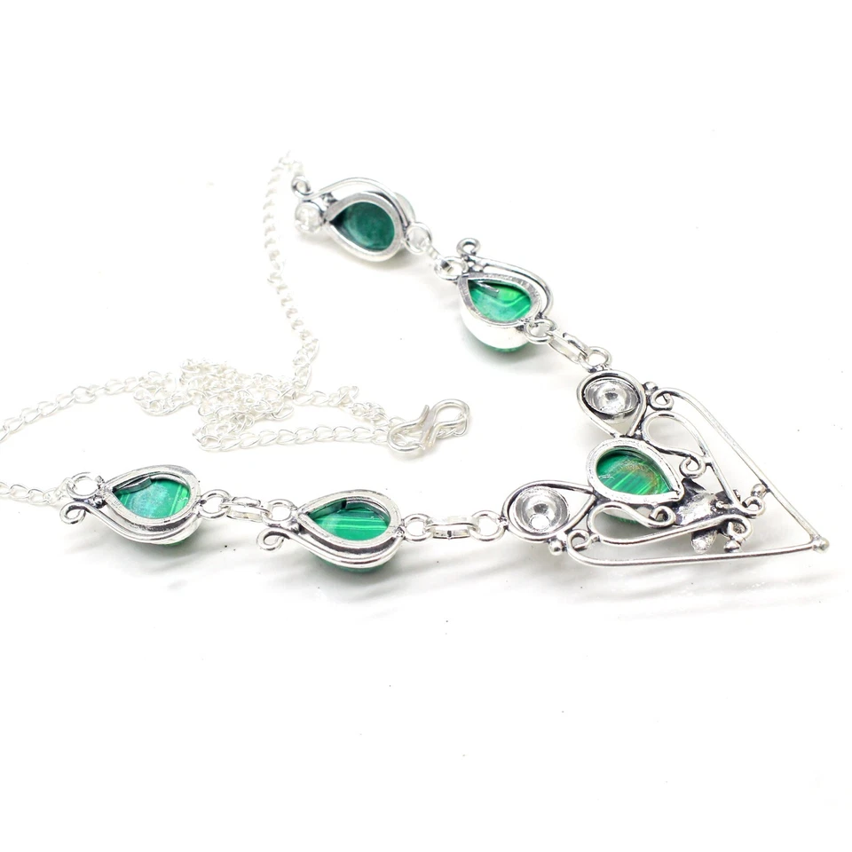 Malachite Gemstone Necklace 925 Sterling Silver Handmade Jewelry Size-17-18 - Image 4 of 4
