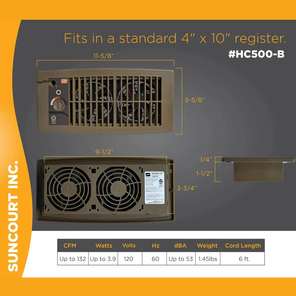 Cubierta de ventilación Suncourt Flush Fit HC500-B con amplificador de ventilador CA de eficiencia energética Foto 4 de 4