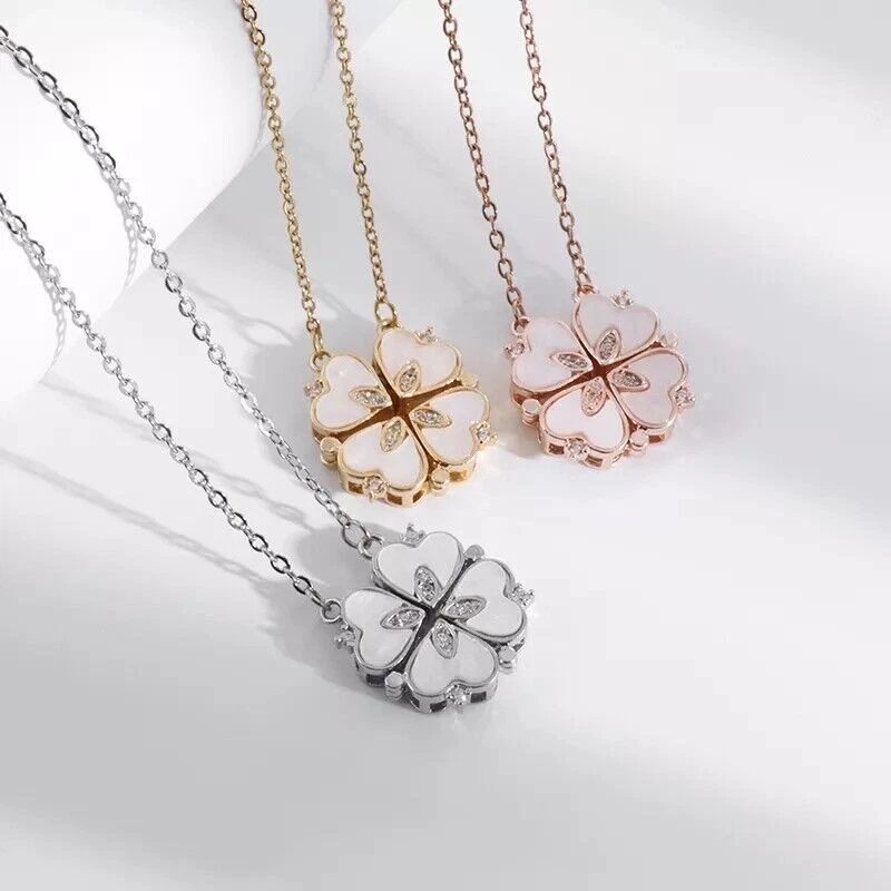 Collana Ciondolo Quadrifoglio o Quadro Cuore con Strass Smaltato Elegante Donna - Immagine 2 di 4