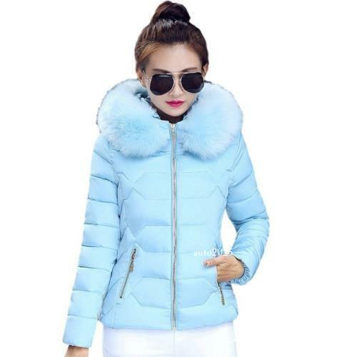 ジャケット・アウター grunge fur hood down jacket light blue Winter Womens Down Cotton Warm Jacket Slim Short Fur Collar Hooded