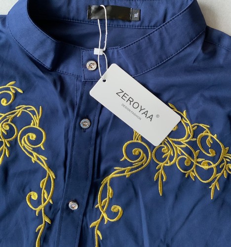 CAMISA DE VESTIR ESTILO VAQUERO BORDADA AZUL MARINO Y DORADO ZEROYAA PARA HOMBRE XL NUEVA CON ETIQUETAS UNISEX - Imagen 8 de 8