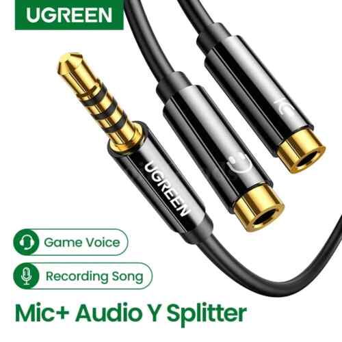 Ugreen 3.5mm Audio Splitter Cable 1 Male to 2 Female Mic Y Computer Headset AUX - Picture 1 of 19