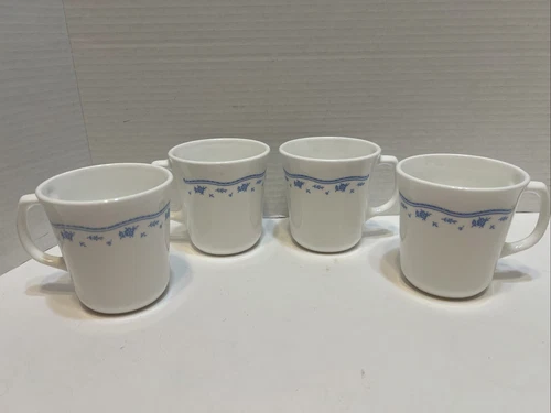 Vintage Correlle Corning Ware Morning Blue Coffee Cups Mugs Set Of 4 Made in USA