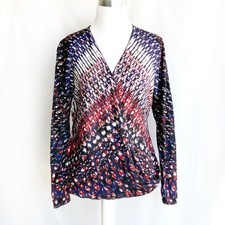 Nic Zoe Linen Blend 4-Way Cardigan sz Med Petite Blue Black Red Abstract Art