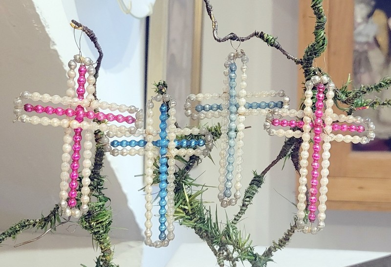 Four Pastel, colored Cross Shaped Ornaments. 1930s Czechoslovakian Christmas