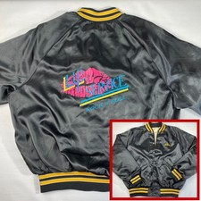 VTG 80s LIP SERVICE ROCK N ROLL Satin Varsity Bomber Jacket Black Gold Sz M