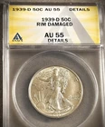 1939-D LIBERTY WALKING HALF DOLLAR** ANACS AU-55 DETAILS **  (7945)