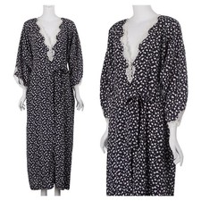 California Dynasty Vintage Robe Size L Blue Floral Print Lace Pockets Tie Belt