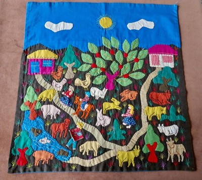 Vintage Andean Folk Art Textile Colorful Arpillera Hand Applique Tapestry 17x18''