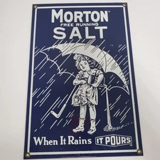VTG Morton Salt Enamel Slate Sign Girl Umbrella When It Rains It Pours Advertise