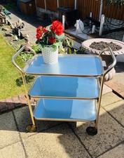 VINTAGE 3 TIER HOSTESS SERVING TEA TROLLEY GOLD METAL FRAME BLUE ANODISED TRAYS