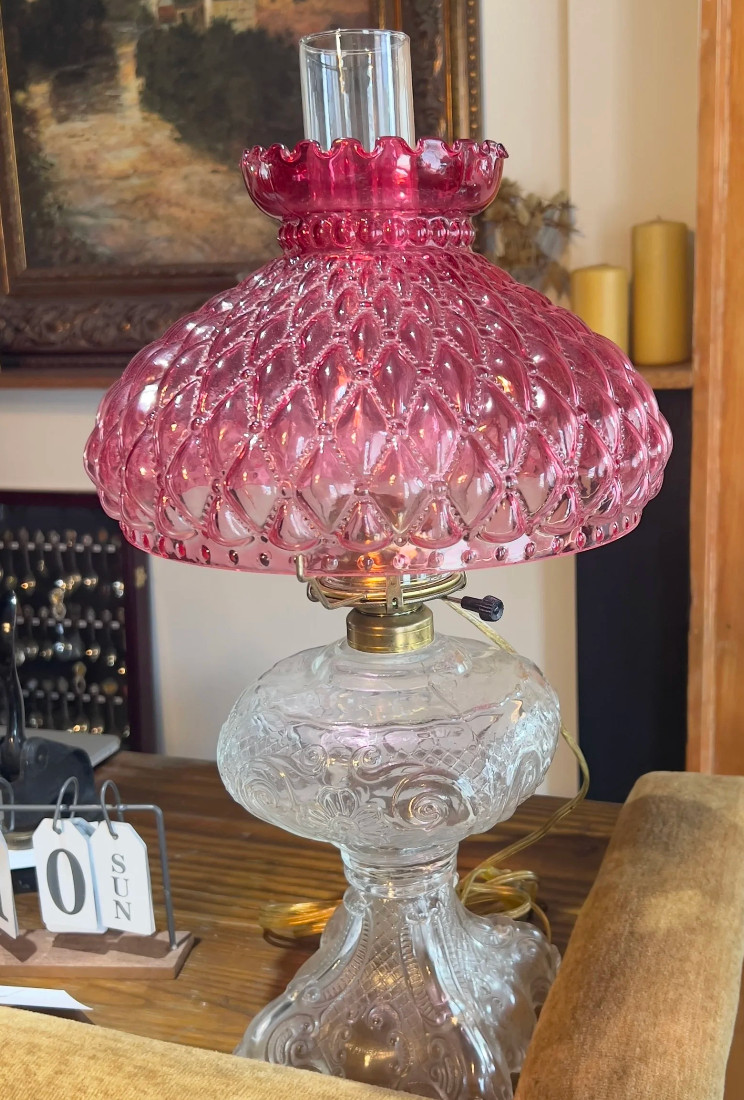 Vintage Electrified Hurricane Lamp Glass Pink Clear Queen Anne No 2