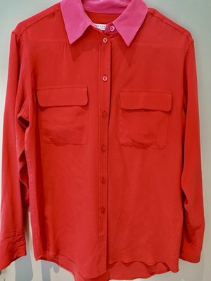 Equipment Femme Silk Button-Up Shirt Red Pink Contrast Collar XS