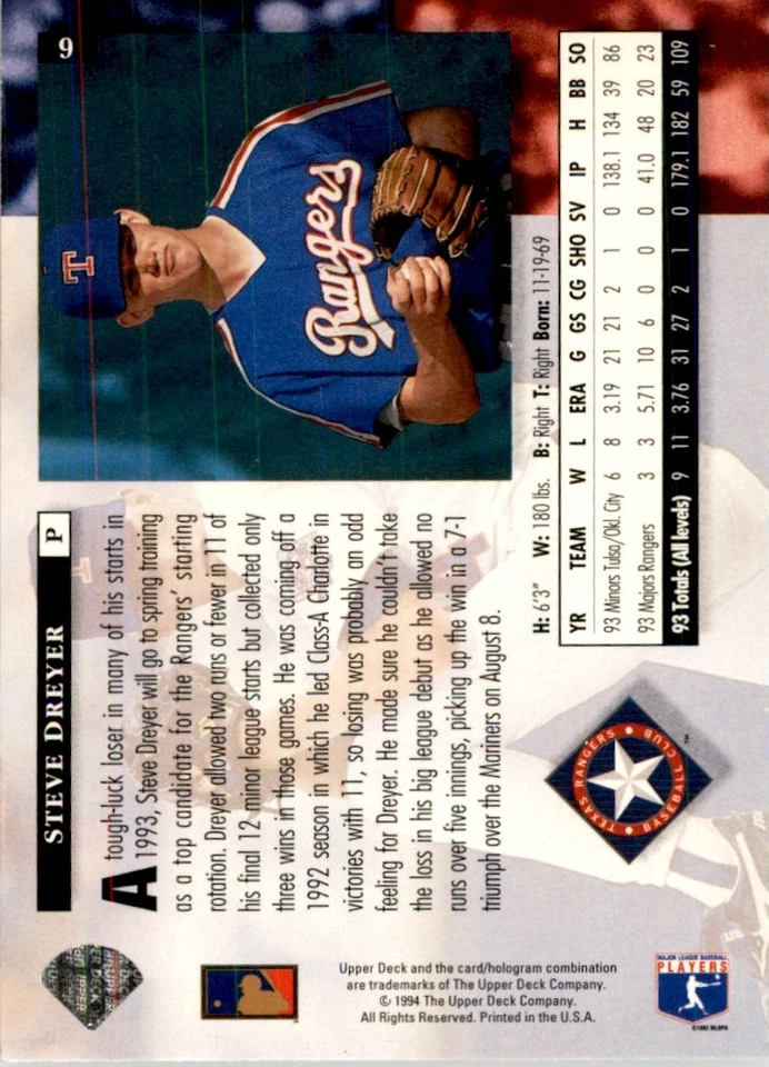 1994 UPPER DECK, STEVE DREYER TEXAS RANGERS #9 - Image 2 of 2