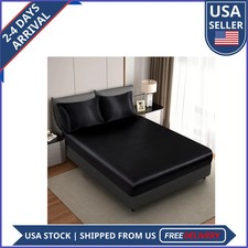 King Size Silk Satin Fitted Sheet Deep Pocket Breathable Bed Sheet Black
