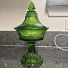 Vintage Vaseline Green Depression Glass Footed Candy Dish With Lid