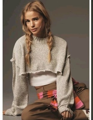 Anthropologie Lettuce Hem Crop Shrug Sweater Gray Long Sleeve One Size Fits All