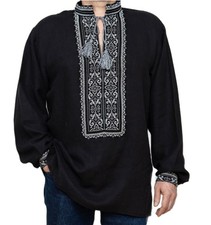 ukrainian VYSHYVANKA for men Black Linen shirt handmade white gray Embroidery