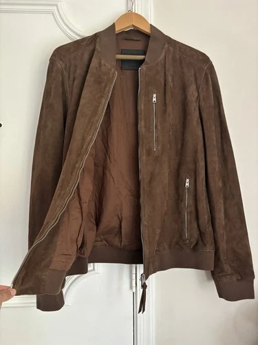 ALLSAINTS Kemble 2XL Suede Bomber Jacket Brown Full Zip Band Collar Solid image 4