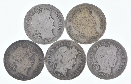 Better Lot 5 1909-O 1914-S 1908-D 1905-O 1908-D Barber Dime 0.50 Face *169