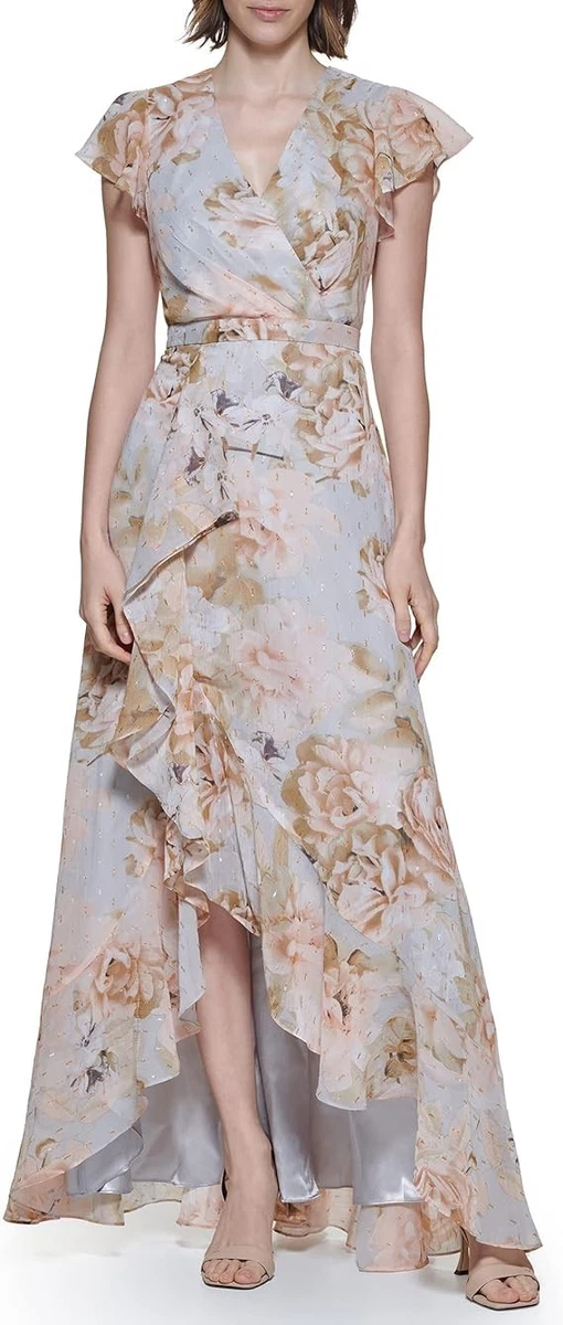 chinese dress ladies Calvin Klein Chiffon Print V-Neck Maxi Dress Indigo Cream 4 at Amazon  Women's Clothing store
