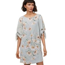 H&M sage green split tie sleeve light floral shift dress size 4