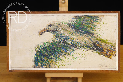VINTAGE ABSTRACT GREEN SEAGULL IMPRESSIONIST POINTILLISIM CANVAS PAINTING 1970's
