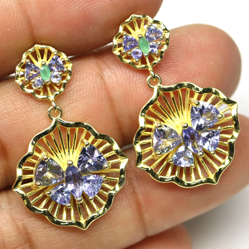 925 Sterlingsilber Blaue Tansanit- Und Grüne Smaragd-Ohrringe 18k Vergoldet - Bild 2 von 4