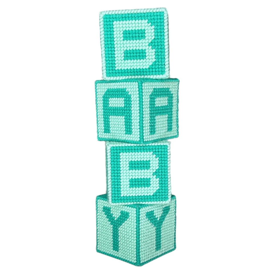 Hand Crafted Needlepoint Plastic Canvas BABY Blocks Aqua Nursery Decor Neutral - Image 4 of 4