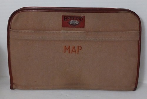Vintage Lands End Deluxe Square Rigger Canvas Leather Khaki Zip MAP case
