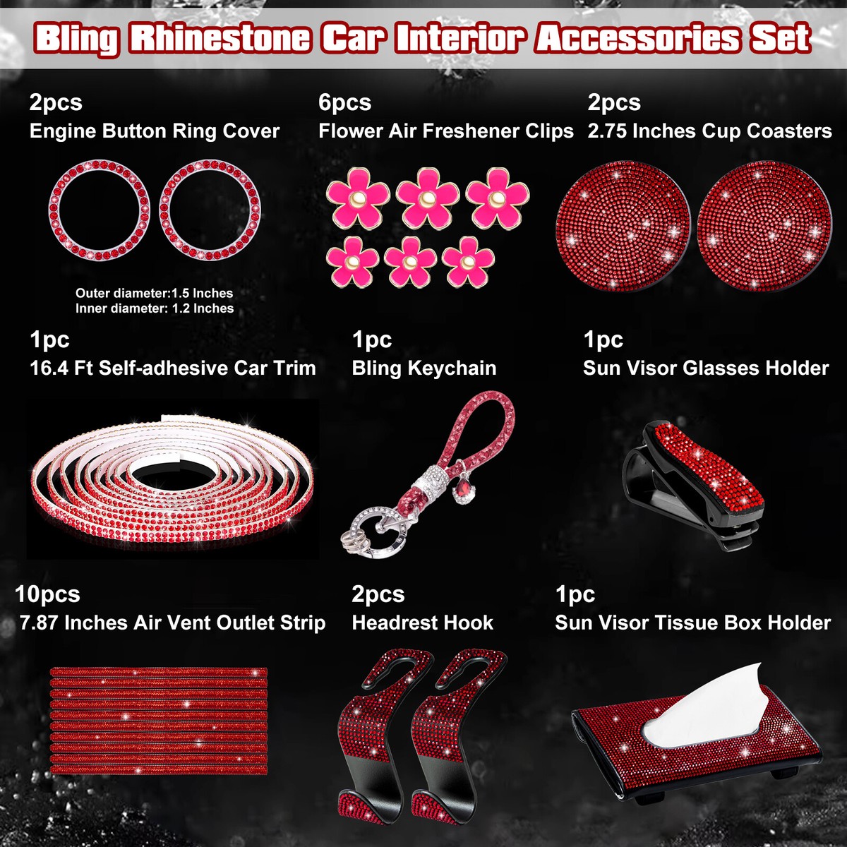 Yungeln 2 Pezzi Universali Bling Sottobicchieri per Auto con Pulsante di Avviamento Auto Anello di Strass Emblema Adesivo Universale Antiscivolo Portabicchieri in Silicone Inserto Strass di Cristallo