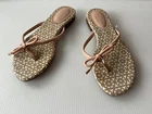 Kate Spade Pink Leather Strappy Thong Sandals w/ Gold Logo & Bow, Size 6 (US)