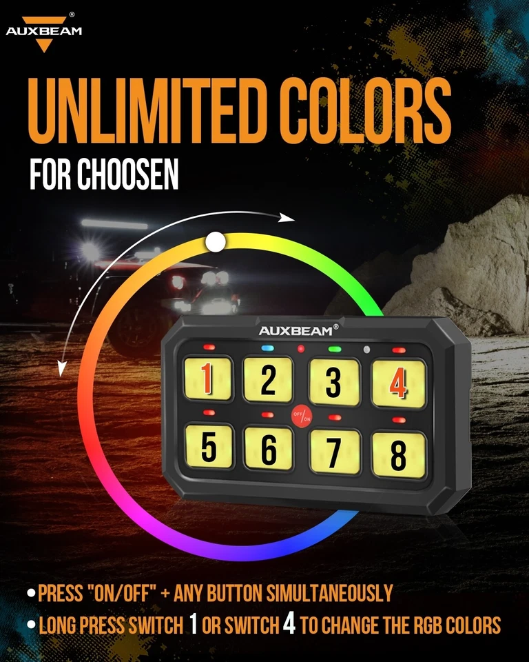 Panel de interruptor auxiliar multifunción AUXBEAM RGB de 8 velocidades para cápsulas de luces todoterreno Foto 4 de 4